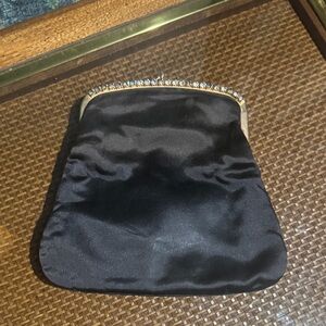 1950 silk Elegant Black Satin Evening Clutch with Crystal Trim